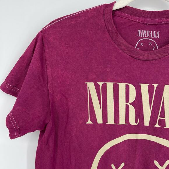 Officially Licensed Nirvana Nevermind Smiley Grunge Tee Magenta Acid Wash Small - Picture 3 of 7